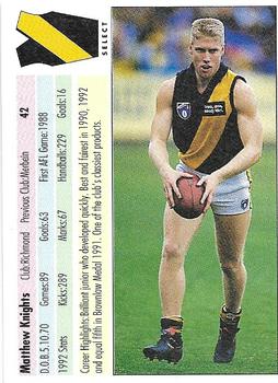 1993 Select AFL #42 Matthew Knights Back